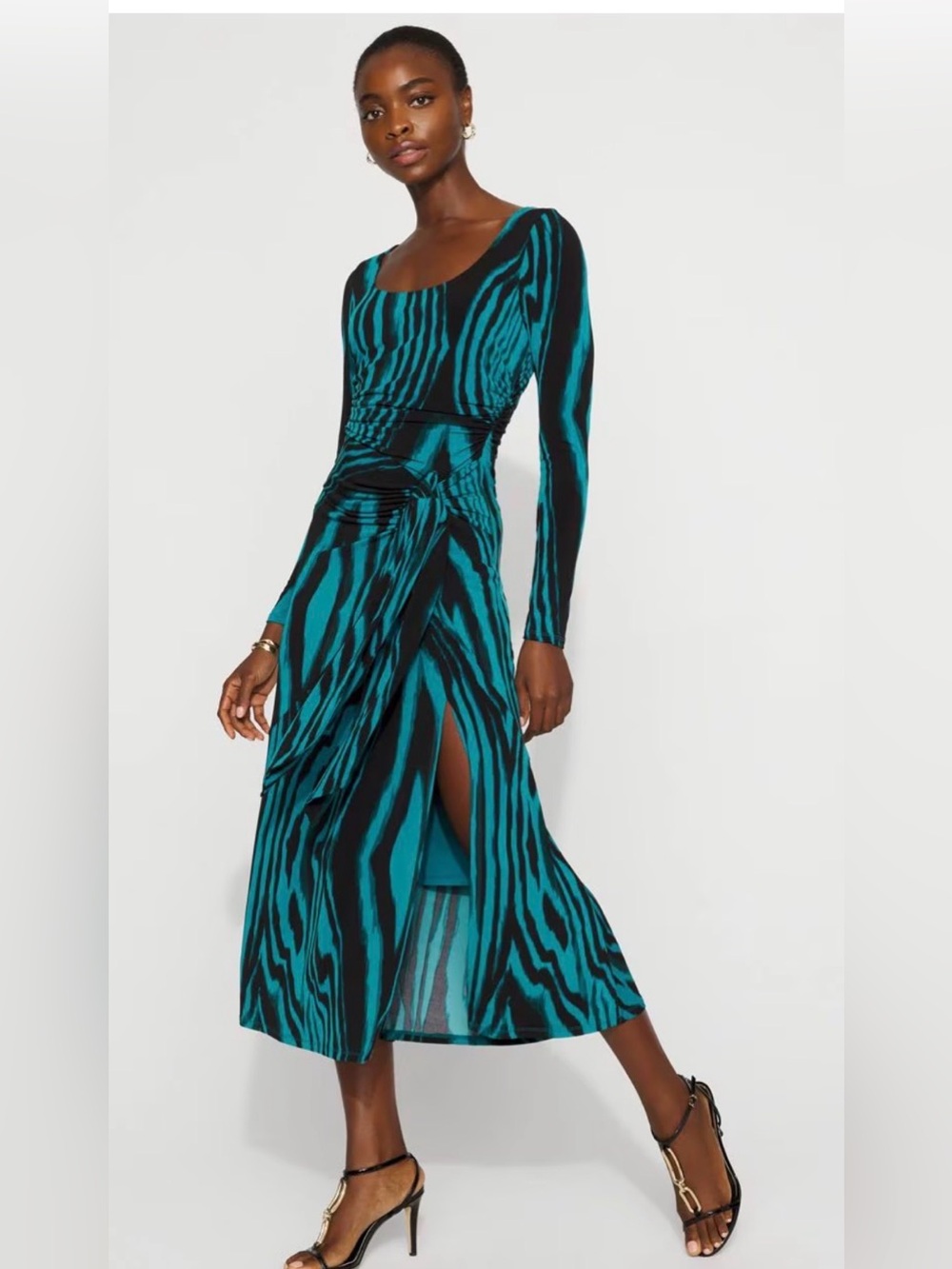 White House Black Market Teal and Black Long Sleeve Twist Midi Dress